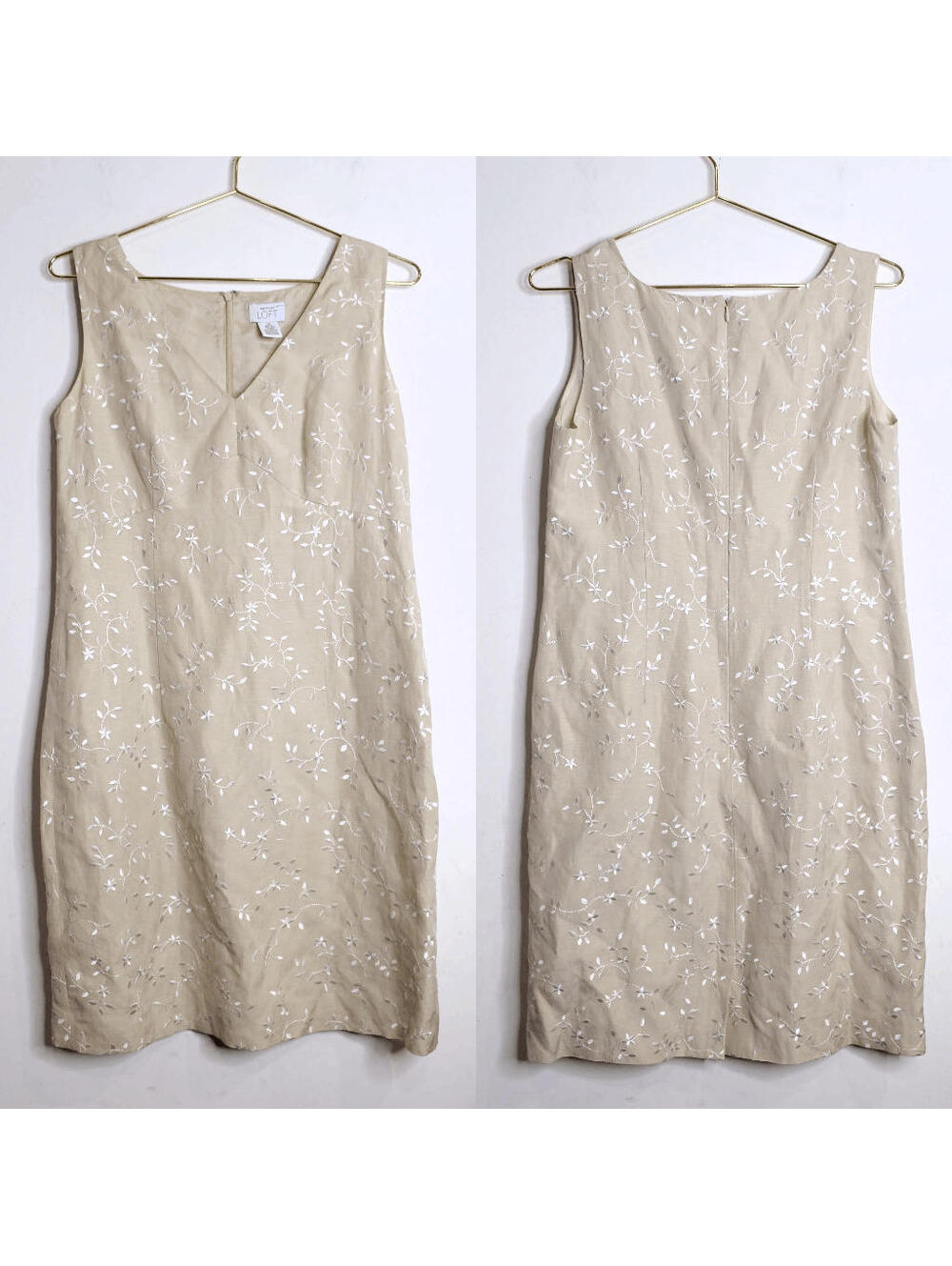 Ann Taylor Tan Silk Linen Sleeveless Embroidered Dress - 10